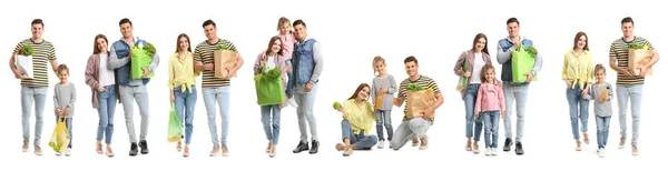 Collage Familj Med Mat Shoppingpåsar Vit Bakgrund — Stockfoto