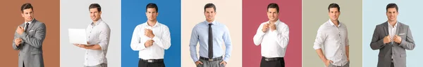 Kolaż Młodym Biznesmenem Stylowych Ubraniach Tle Koloru — Zdjęcie stockowe