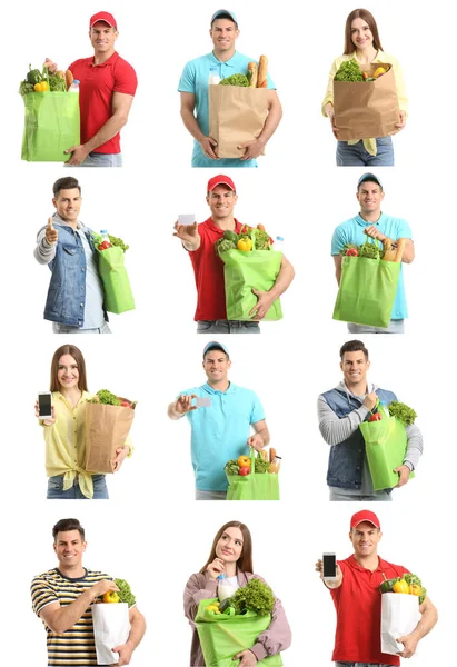 Collage Young People Holding Shopping Bags Food White Background — Stock Photo, Image