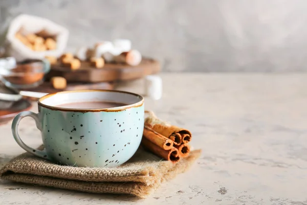 Cup Hot Cacao Drink Cinnamon Grey Background — Stock Photo, Image