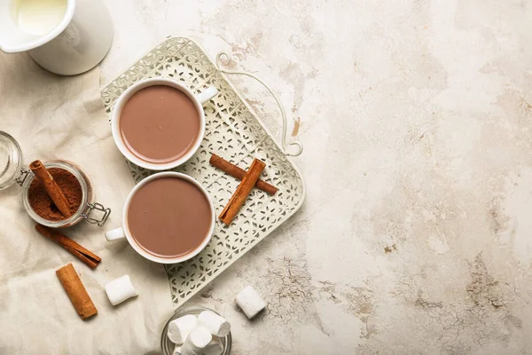 Cups Hot Cacao Drink Marshmallows Cinnamon Light Background — Stock Photo, Image