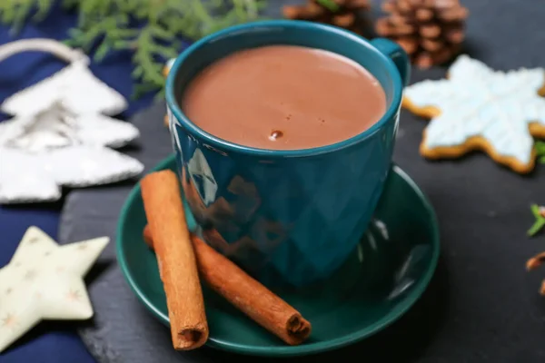 Cup Hot Cacao Drink Cinnamon Dark Background — Stock Photo, Image