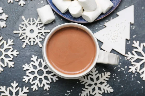 Cup Hot Cacao Drink Marshmallows Christmas Decorations Dark Background — Stock Photo, Image