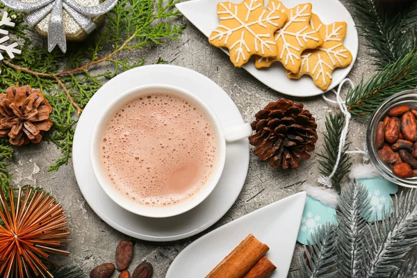 Cup Hot Cacao Drink Christmas Decorations Cookies Grunge Background — Stock Photo, Image