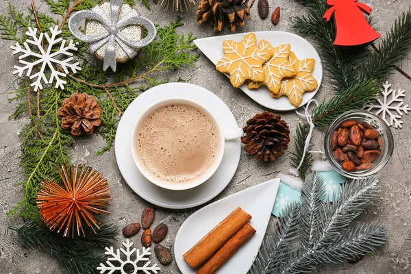 Cup Hot Cacao Drink Christmas Decorations Cookies Grunge Background — Stock Photo, Image