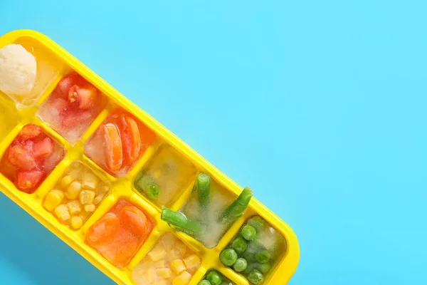 Divided Box Different Frozen Vegetables Color Background — Stock Photo, Image