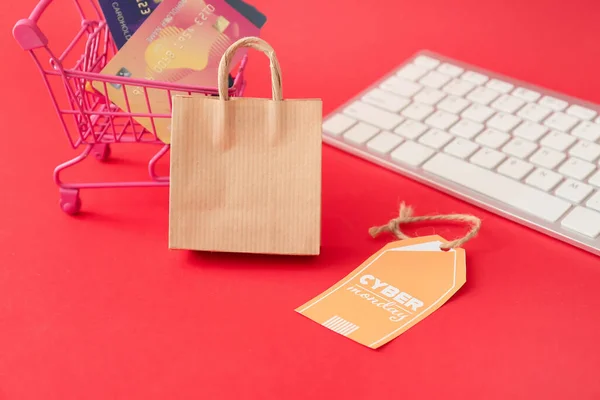 Shopping Bag Credit Cards Trolley Computer Keyboard Tag Text Cyber — Stock Photo, Image