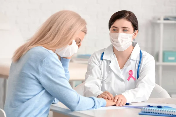Sad Young Woman Visiting Doctor Clinic Breast Cancer Awareness — Stock Photo, Image