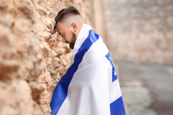 Άνθρωπος Σημαία Του Ισραήλ Κοντά Στο Τείχος Των Δακρύων — Φωτογραφία Αρχείου