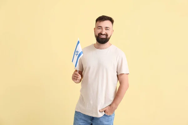 Hombre Con Bandera Israel Sobre Fondo Color — Foto de Stock