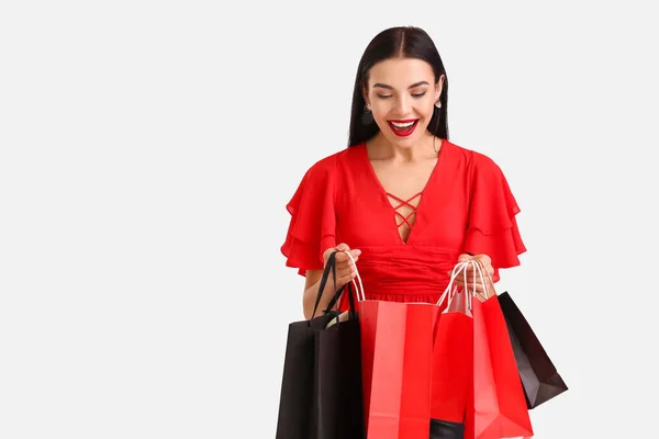 Beautiful Young Woman Shopping Bags White Background Black Friday Sale — Stock Photo, Image