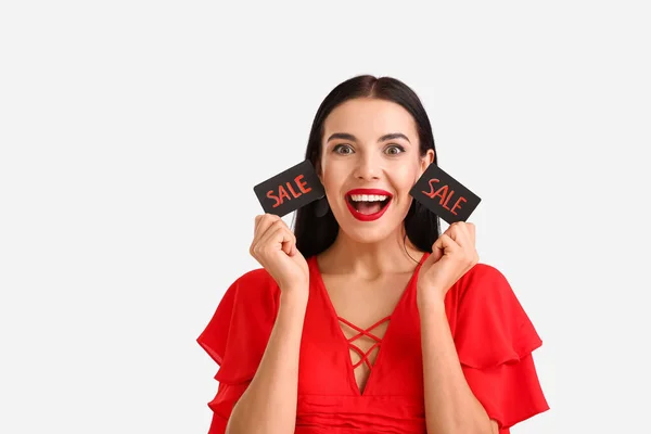 Šťastná Mladá Žena Kreditními Kartami Bílém Pozadí Černý Pátek Prodej — Stock fotografie