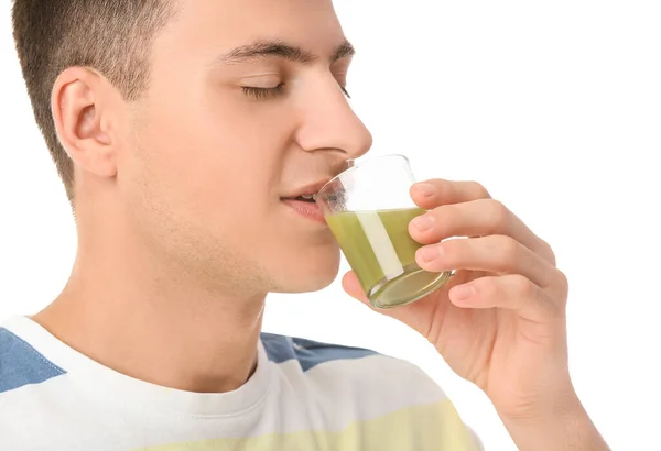 Jeune Homme Avec Jus Herbe Blé Sur Fond Blanc — Photo