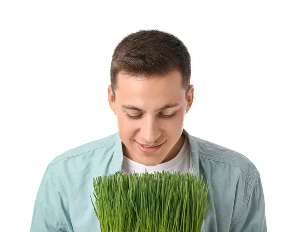 Young Man Wheatgrass White Background — Stock Photo, Image