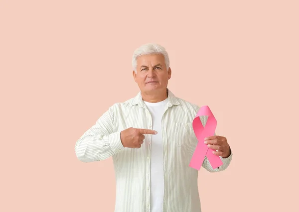 Mature Man Pink Ribbon Color Background Breast Cancer Awareness Concept — Stock Photo, Image