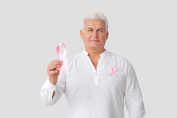 Mature Man Pink Ribbon Light Background Breast Cancer Awareness Concept — Stock Photo, Image