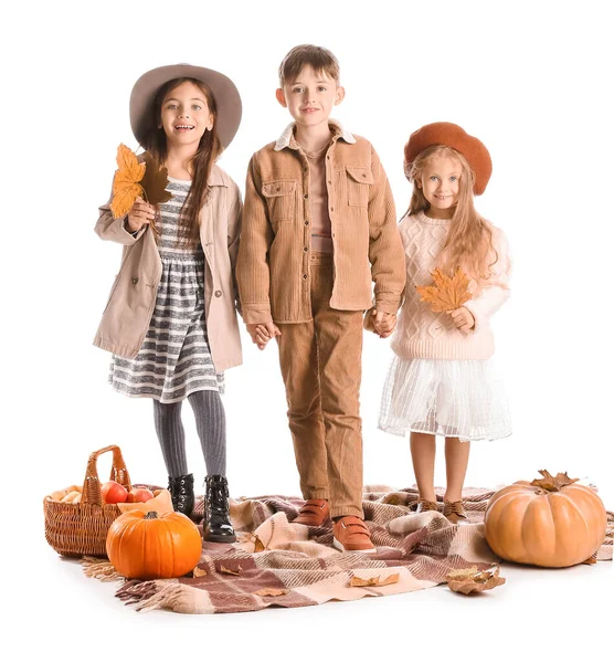 Lindos Niños Pequeños Ropa Otoño Con Calabazas Sobre Fondo Blanco — Foto de Stock