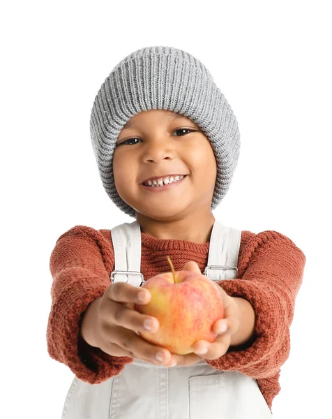Cute African American Boy Apple White Background — Stock Photo, Image