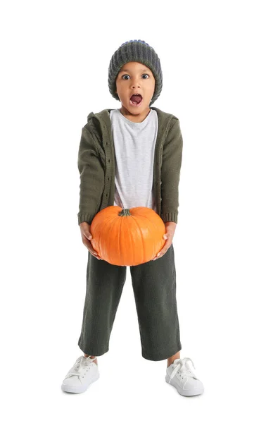 Surprised African American Boy Pumpkin White Background — Stock Photo, Image