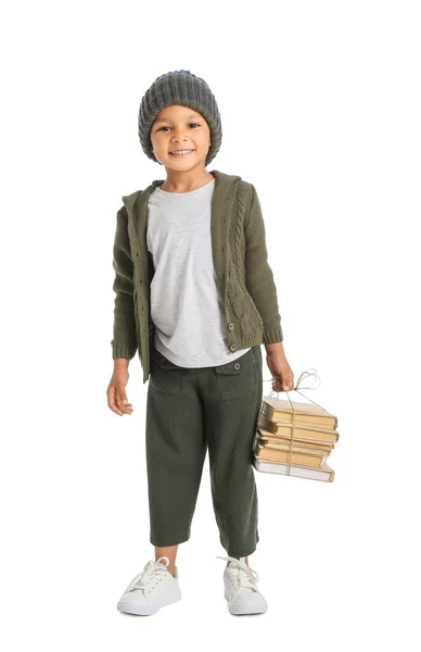 Cute African American Boy Stack Books White Background — Stock Photo, Image