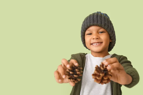 Cute African American Boy Coniferous Cones Color Background — Stock Photo, Image