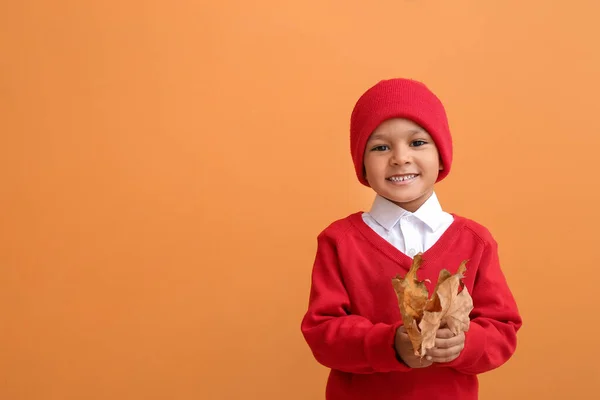 Lindo Chico Afroamericano Con Hojas Otoño Sobre Fondo Color — Foto de Stock