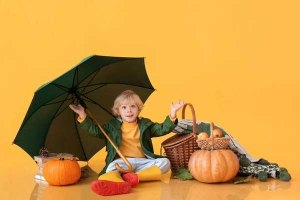 Petit Garçon Mignon Avec Parapluie Récolte Automne Sur Fond Couleur — Photo