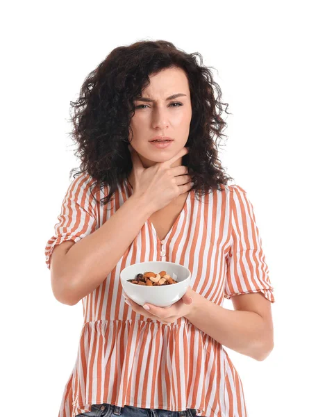 Mujer Joven Con Alergia Alimentaria Sobre Fondo Blanco — Foto de Stock