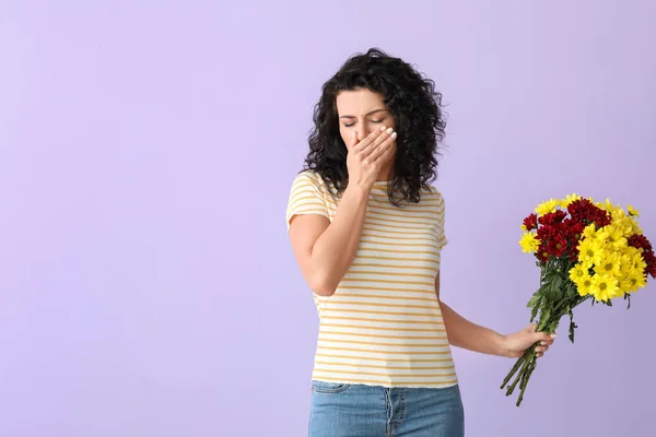Young Allergic Woman Flowers Color Background — Stock Photo, Image