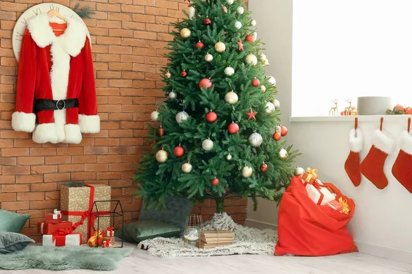 Interior Modern Room Christmas Tree Santa Bag — Stock Photo, Image