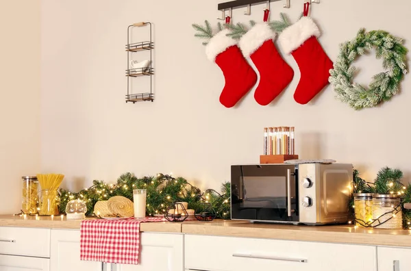 Interior Modern Kitchen Decorated Christmas — Stock Photo, Image