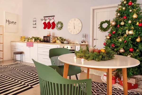 Interior Modern Kitchen Decorated Christmas — Stock Photo, Image