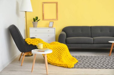 İçinde kanepe, koltuk ve ekose kumaş olan modern bir oda.