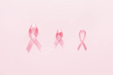 Renkli arka planda pembe kurdeleler. Göğüs kanseri farkındalığı konsepti