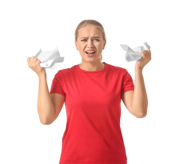 Stressed Young Woman Paper Sheets White Background — Stock Photo, Image