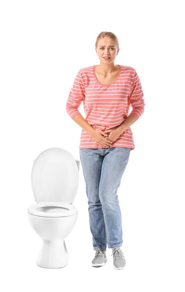 Mulher Com Problema Micção Frequente Fundo Branco Sintomas Diabetes — Fotografia de Stock
