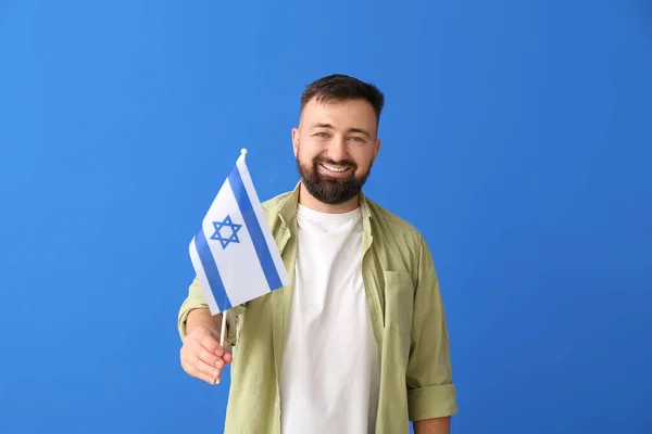 Mann Mit Der Flagge Israels Auf Farbigem Hintergrund — Stockfoto