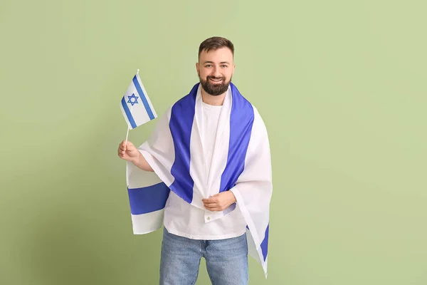 Hombre Con Bandera Israel Sobre Fondo Color —  Fotos de Stock