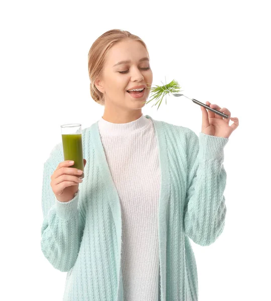 Young Woman Wheatgrass Juice White Background — Stock Photo, Image