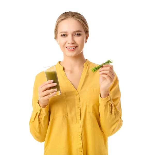 Young Woman Wheatgrass Juice White Background — Stock Photo, Image
