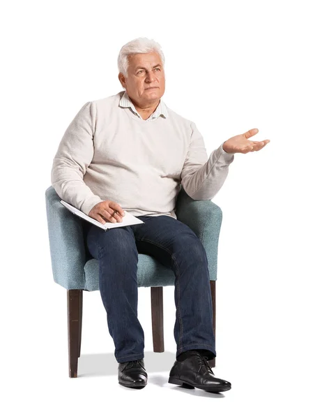 Senior Male Psychologist Sitting Armchair White Background — Stock Photo, Image