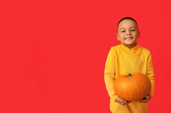 Cute African American Boy Pumpkin Color Background — Stock Photo, Image