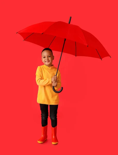 Cute African American Boy Umbrella Color Background — Stock Photo, Image