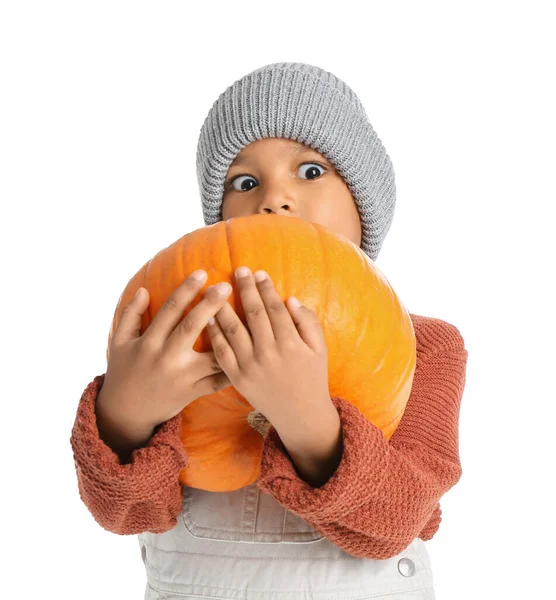 Cute African American Boy Pumpkin White Background — Stock Photo, Image