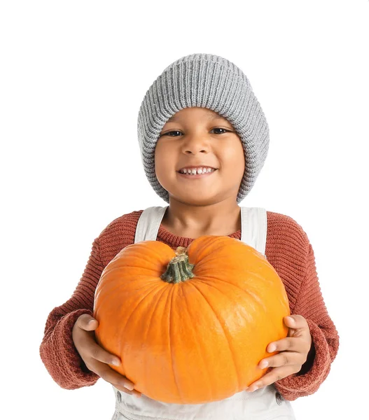 Cute African American Boy Pumpkin White Background — Stock Photo, Image