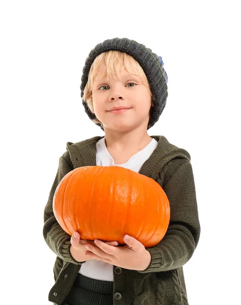 Cute Little Boy Pumpkin White Background — Stock Photo, Image
