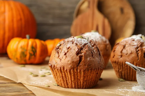 Tasty Pumpkin Muffins Table — Stock Photo, Image