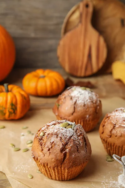 Tasty Pumpkin Muffins Table — Stock Photo, Image