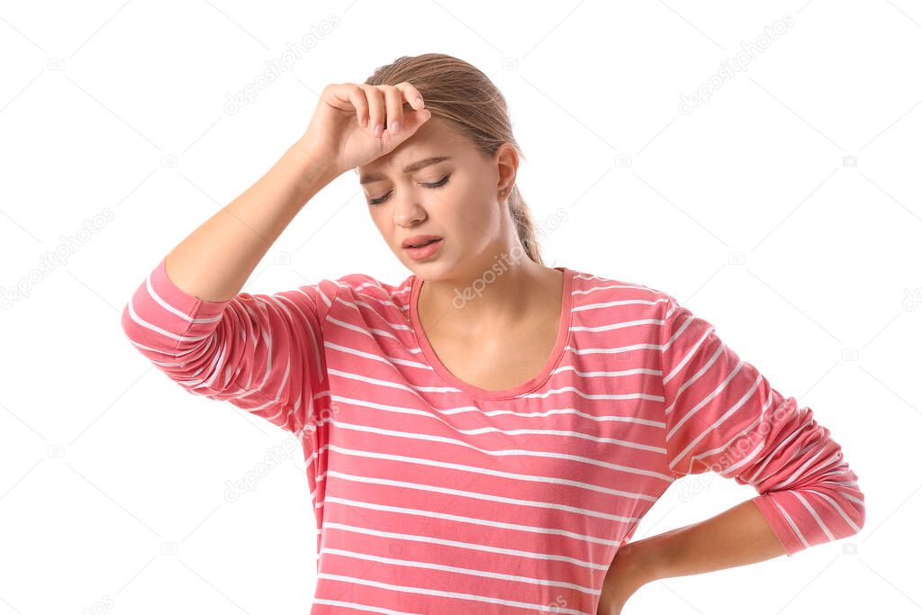 Exhausted woman on white background. Diabetes symptoms