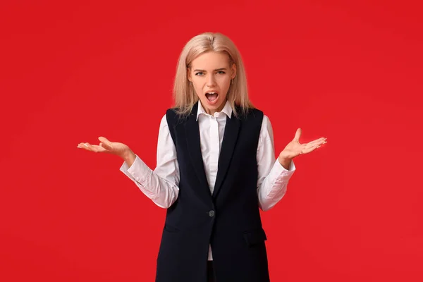 Stressed Young Businesswoman Color Background — Stock Photo, Image